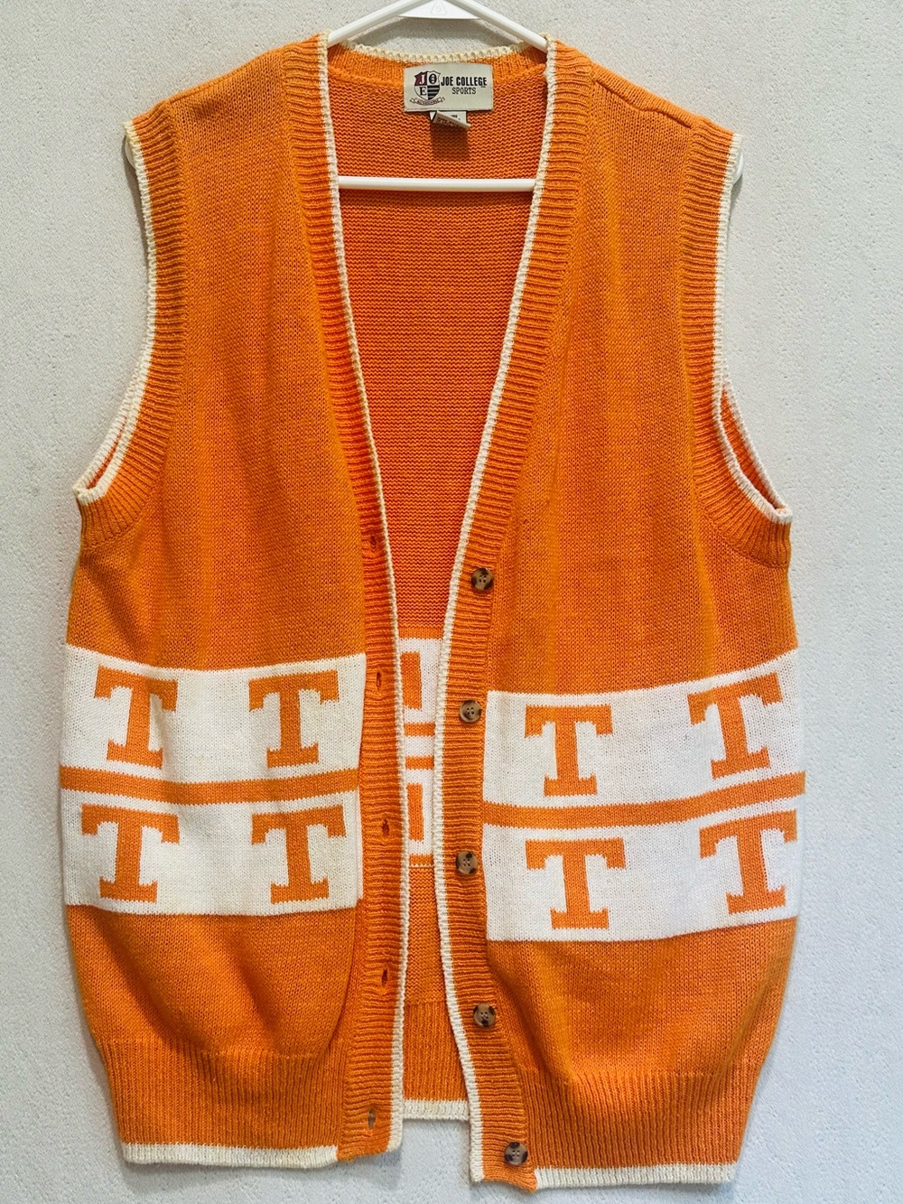 VTG UT University of Tennessee Joe College Orange Knit Vest White T Pattern Sz L